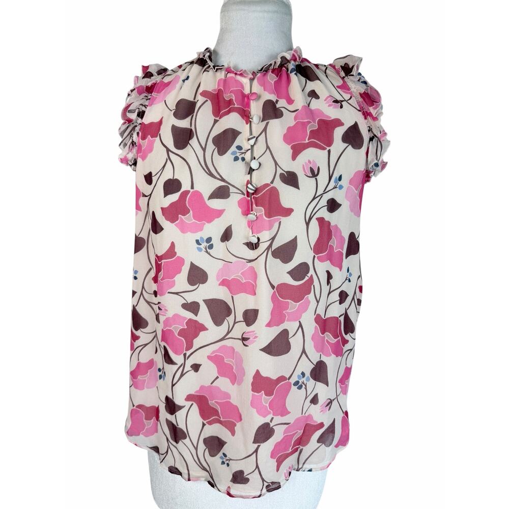 KATE SPADE 100% Silk Chiffon Blouse - Matte Floral Ruffle Top - Size S - MINT